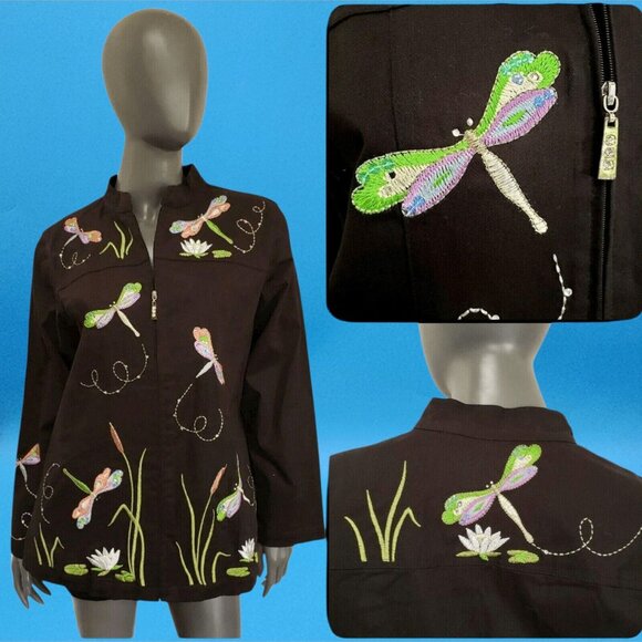 Quacker Factory Jacket Dragonfly Embroidered Black Coat Stretch Denium Medium - Picture 3 of 8